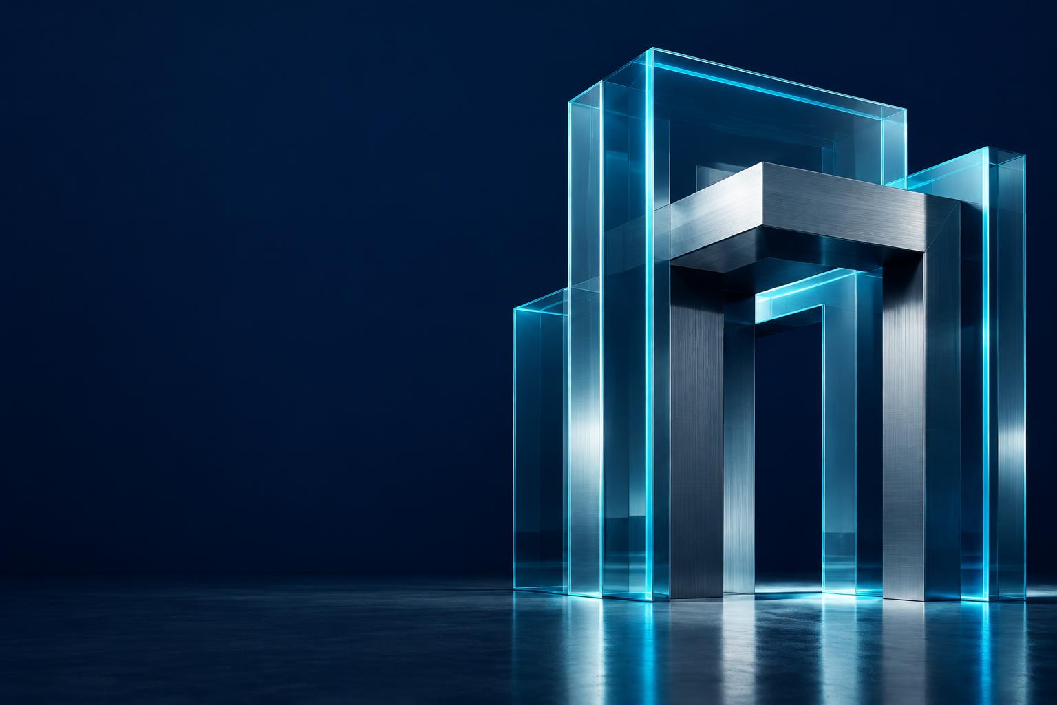 Cyan-lit architectural gateway — conceptual GELVRA artwork